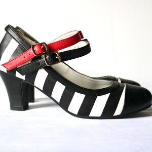 Lola Ramona Leather Heels Black White Red Stripes Ankle Straps Retro Women's 39